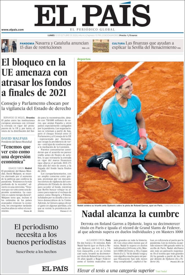 Portada de El País, 12 de octubre de 2020