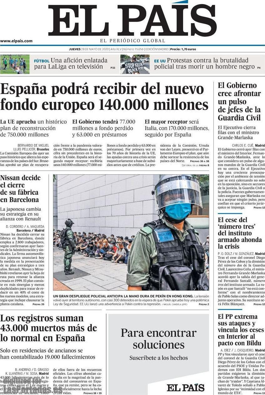 Portada de 'El País' del 28 de mayo del 2020