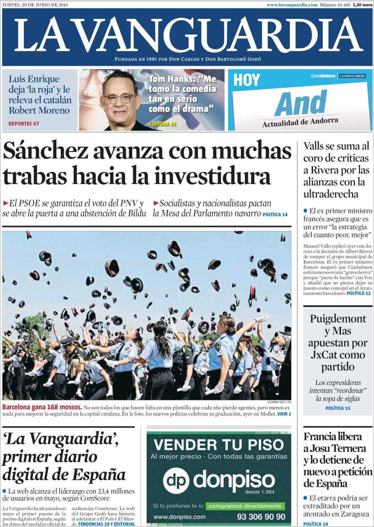 Portada de 'La Vanguardia' del 20 de junio