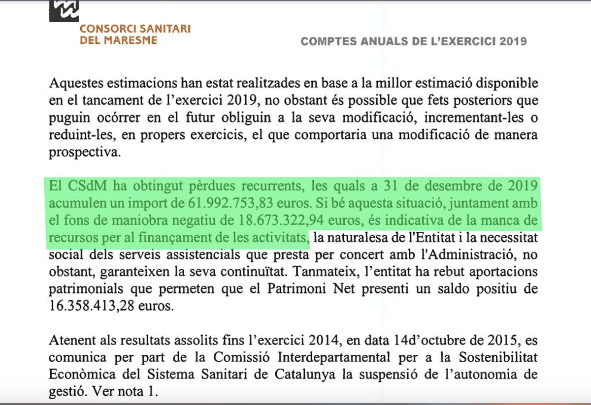 Nota del auditor consignando la situación de cuasi insolvencia del Hospital de Mataró tras cinco años de intervención / CG