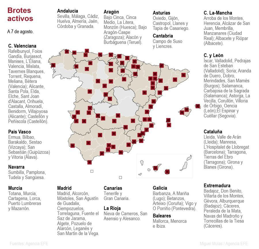 Brotes de coronavirus activos en España a 7 de agosto de 2020