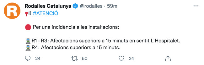 Rodalies informa de los retrasos en varias líneas / TWITTER
