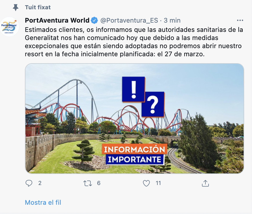 Tuit en el que PortAventura informa de que no abrirá el 27 de marzo / PA