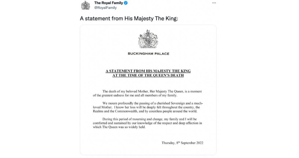 Comunicado oficial del nuevo Rey de Inglaterra, Carlos / TWITTER