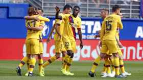 Umtiti y Lenglet celebrando el gol de Griezmann / FC Barcelona