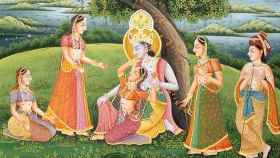 Pintura de Krishna y Radha entre vaqueras (gopis); devociones indias