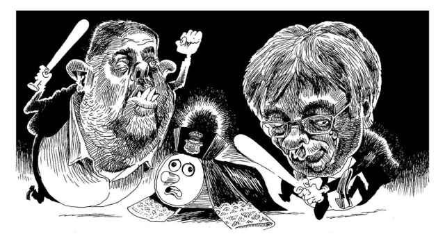 Caricatura de Oriol Junqueras y Carles Puigdemont, que habían concebido un Tribunal Constitucional a la catalana controlado por el 'Gobierno de la República' / FARRUQO
