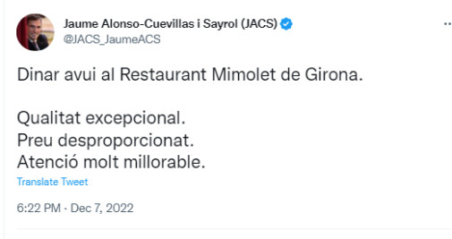 Crítica de Jaume Alonso-Cuevillas a un restaurante / TWITTER