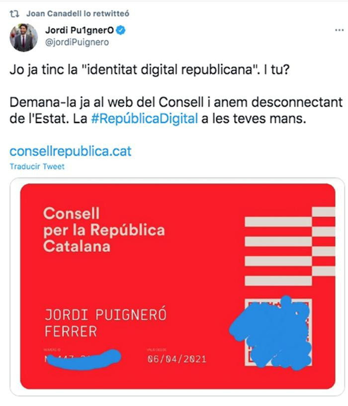 El consejero Jordi Puigneró ya tiene el DNI de la república catalana
