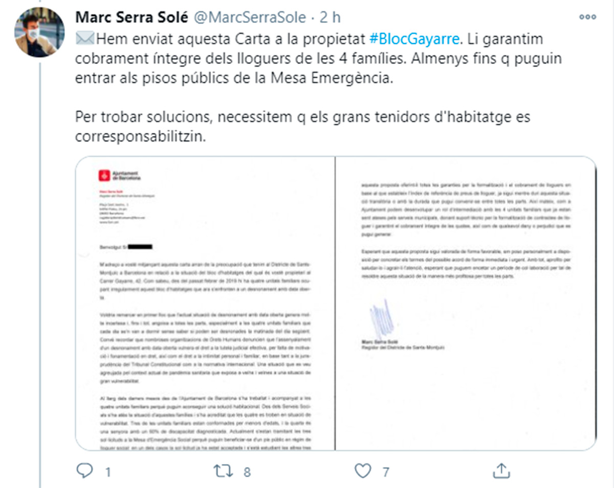 Marc Serra comparte la carta enviada a la propiedad / TWITTER