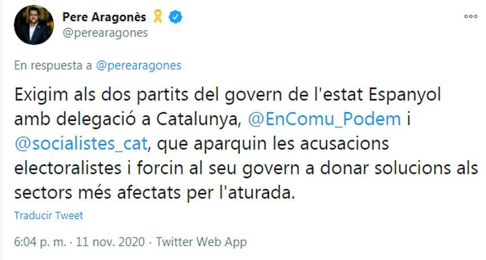 Tuit de Pere Aragonès sobre el PSC y los 'comuns'