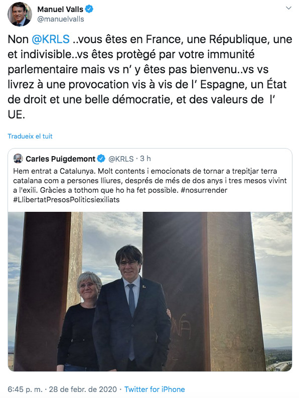 Manuel Valls responde en Twitter a Carles Puigdemont