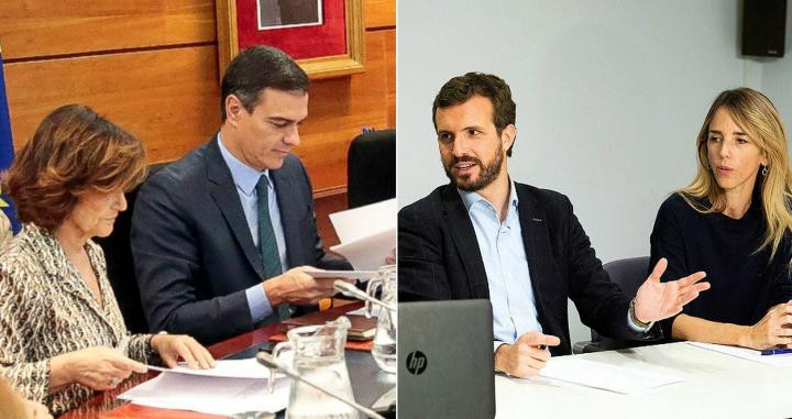 Pedro Sánchez, en el comité de situación sobre Cataluña en Moncloa; Pablo Casado, con la dirección del PP en Barcelona / EFE