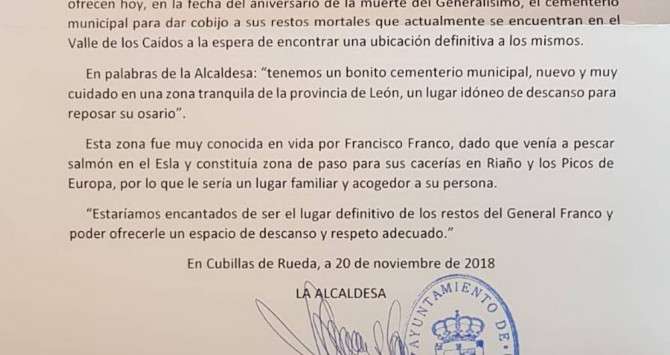 Carta de la alcaldesa de Cubillas de Rueda a la Fundación Francisco Franco