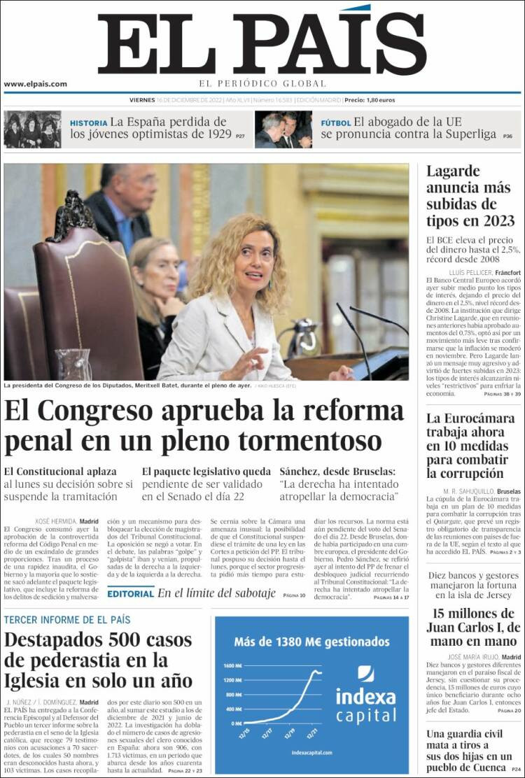Portada de 'El País' del 16 de diciembre de 2022