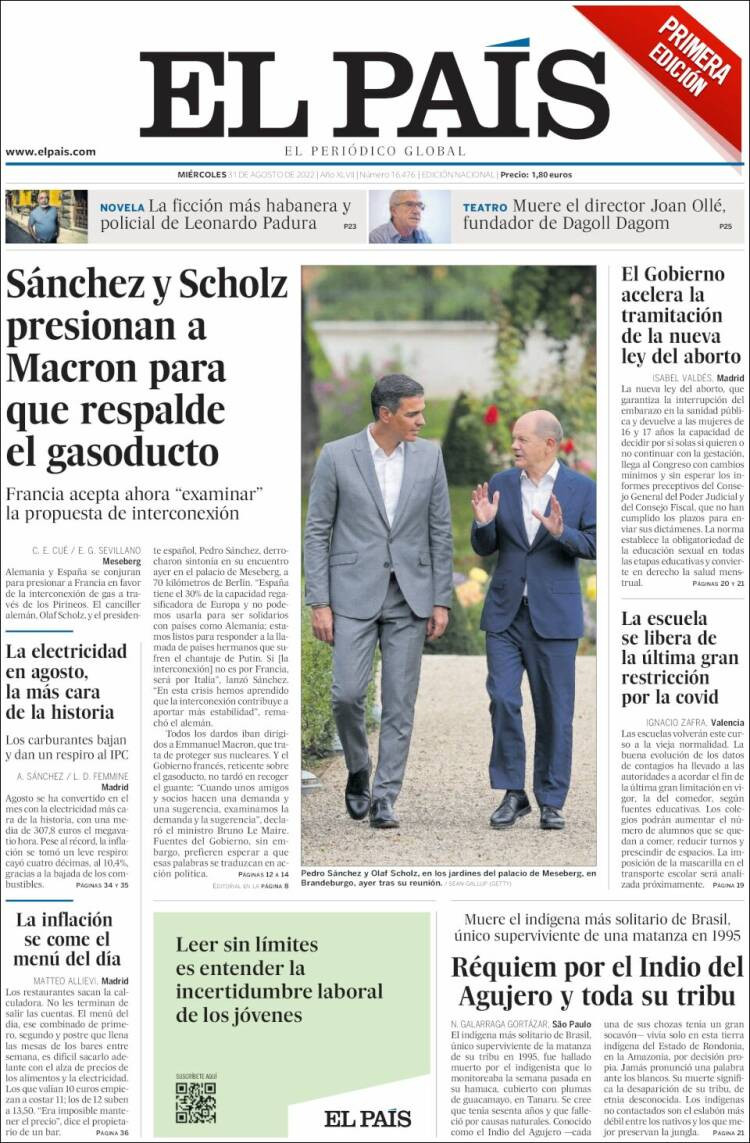 Portada de 'El País' del 31 de agosto de 2022