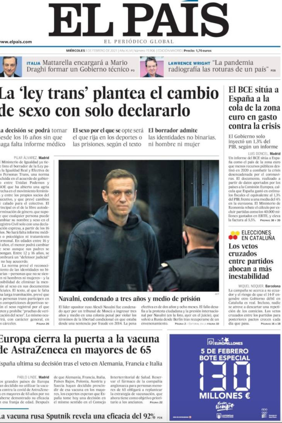Portada de 'El País' del 3 de febrero de 2021 / KIOSKO.NET