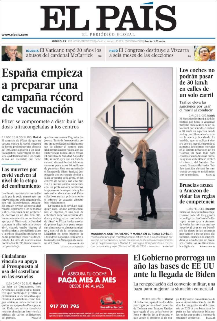 Portada de 'El País' del miércoles 11 de noviembre
