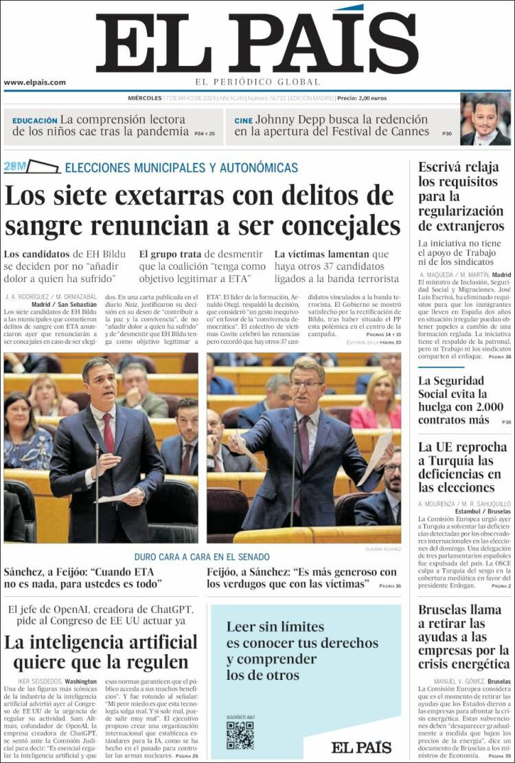 Portada de 'El País' de 17 de mayo de 2023 / KIOSKO.NET