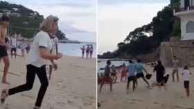 Pelea en Llafranc: a la izquierda, la mujer que bajó a la playa a encararse con un grupo de personas; y a la derecha, momento de la agresión de un hombre con el casco / TWITTER