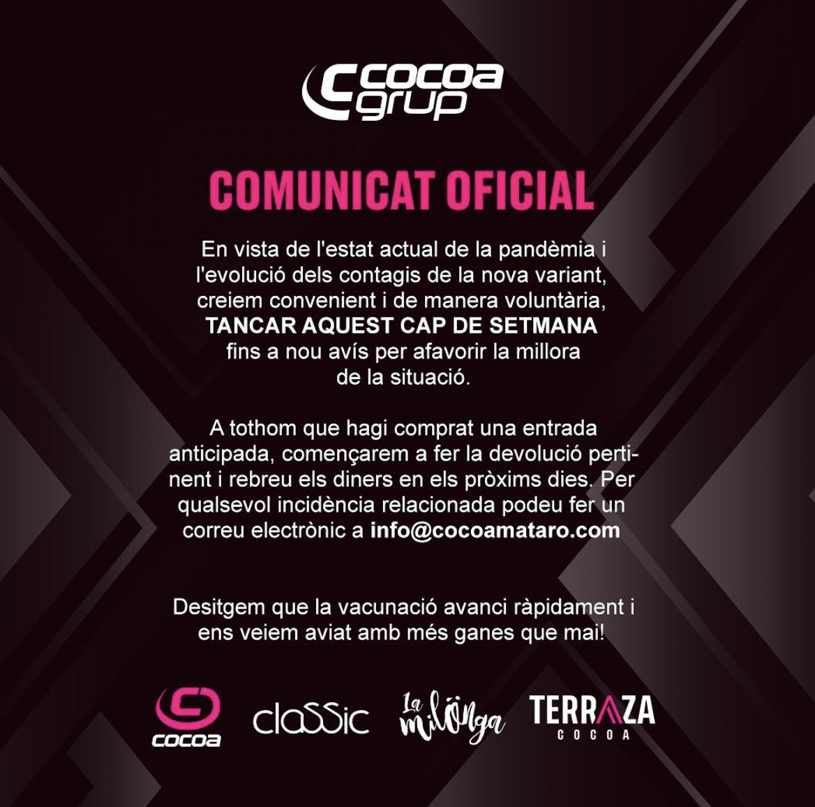 Comunicado de Cocoa Mataró sobre su cierre indefinido / INSTAGRAM