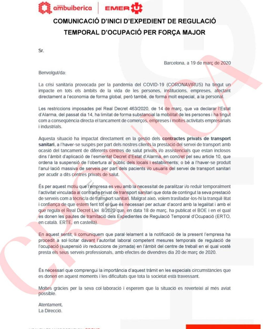La carta de la dirección de HTG, matriz de Transports Sanitari de Catalunya, informando del ERTE sanitari / CG