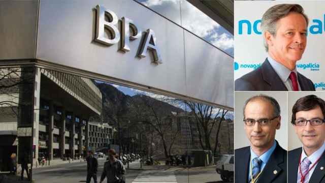 Fernando Vázquez Lapuerta (superior), el administrador de BPA, el jefe de Gobierno, Antoni Martí (izquierda), y el ministro de Economía, Jordi Cinca (dercha).