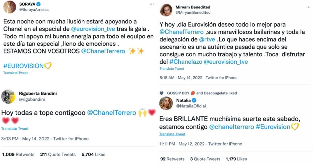 Famosos mandan mensajes de ánimo a Chanel en Eurovisión 2022 / TWITTER