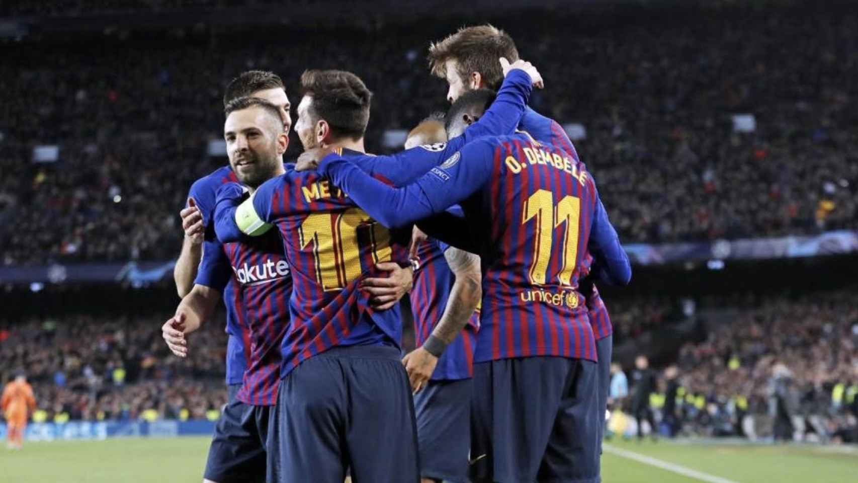 Una foto de los jugadores del Barça celebrando un gol ante el Olympique de Lyon / FCB