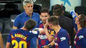 Eder Sarabia y Leo Messi en el partido contra el Espanyol / EFE