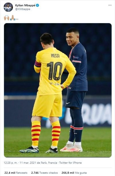Tuit de Mbappé con Messi en el PSG-Barça tras el partido / REDES