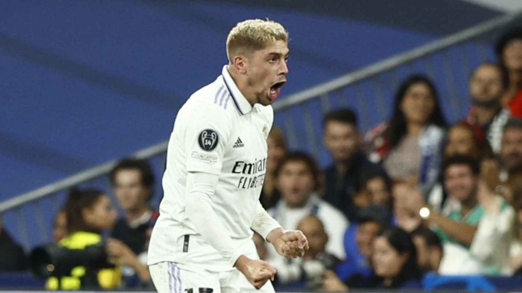El grito de Fede Valverde, tras anotar un decisivo gol para el Real Madrid en Champions / EFE