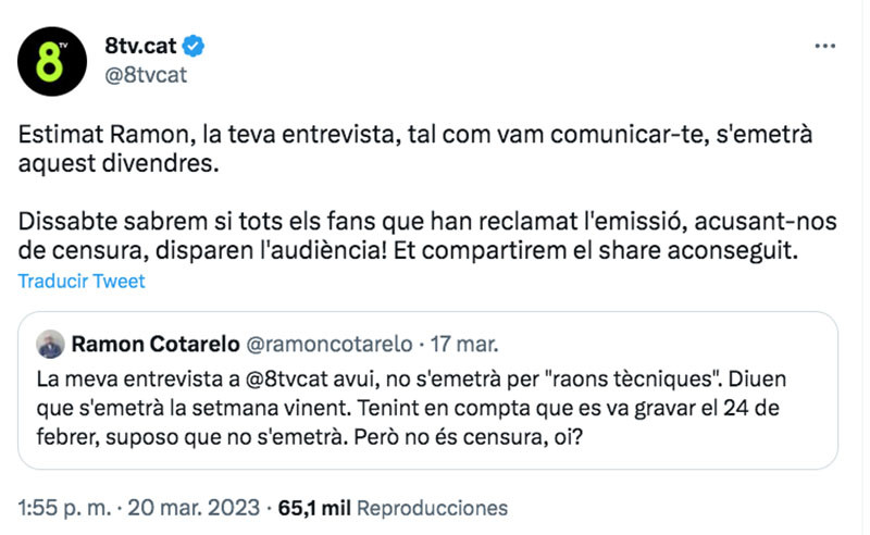 Cruce de tuits entre 8TV y Ramon Cotarelo