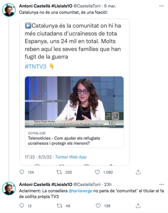 Tuit de Antoni Castellà (@ToniCastella) criticando a TV3