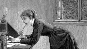 Retrato (velado) de Emily Dickinson | Grabado de una mujer escribiendo