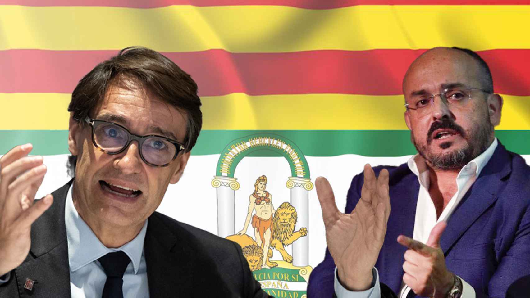 Salvador Illa (PSC) y Alejandro Fernández (PPC), ante las banderas de Cataluña y Andalucía