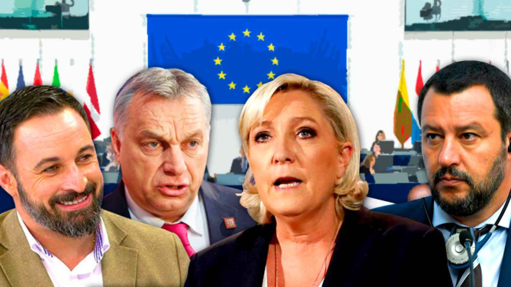 La UE se conjura para que no avancen los populismos europeos que representan Santiago Abascal (España), Viktor Orbán (Hungría), Marine Le Pen (Francia) y Matteo Salvini (Italia) / CG