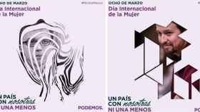 Carteles de Podemos para el Día de la Mujer Trabajadora con los rostros de Pablo Iglesias e Iñigo Errejón.