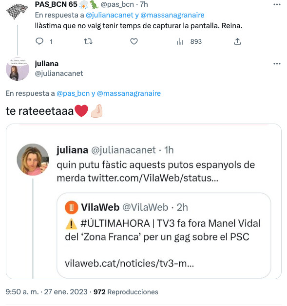 Tuit de Juliana Canet, presumiendo de su tuit borrado sobre los putos españoles de mierda / @julianacanet (TWITTER)