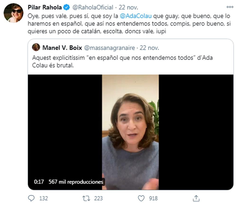 Tuit de Rahola criticando a Ada Colau por un vídeo bilingüe en castellano y catalán / @RaholaOficial (TWITTER)