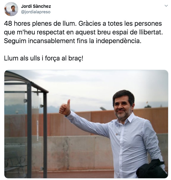 El tuit de Jordi Sànchez antes de regresar a Lledoners