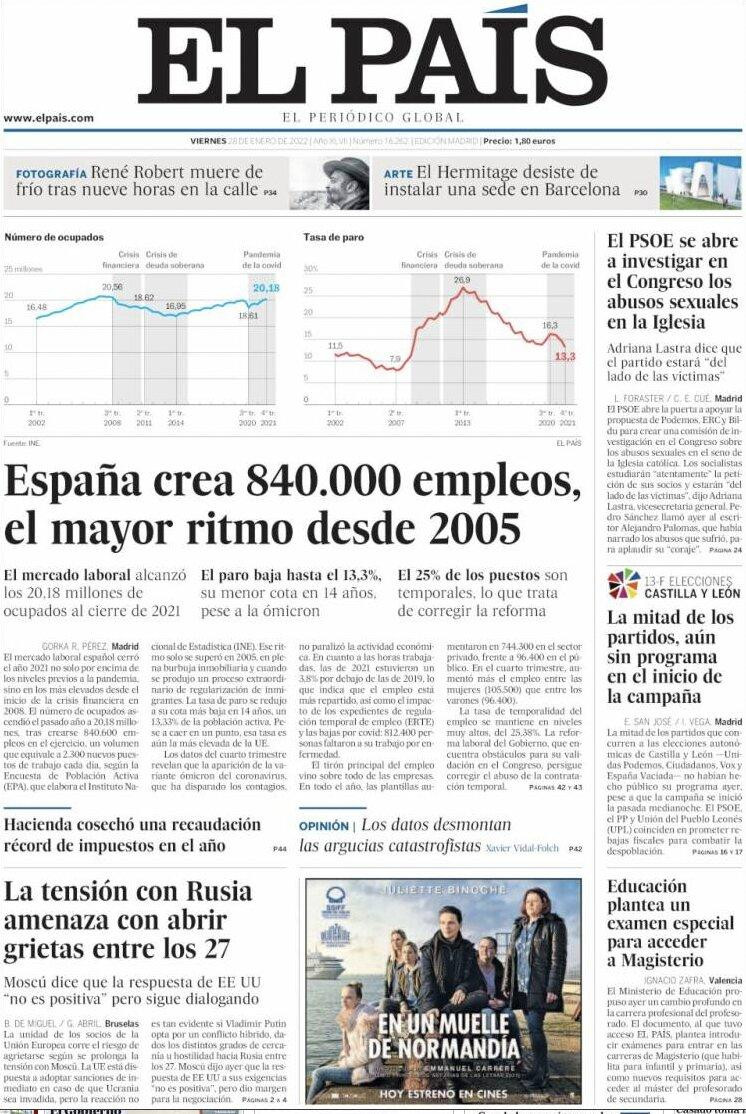 Portada de 'El País' del 28 de enero de 2022 / CG