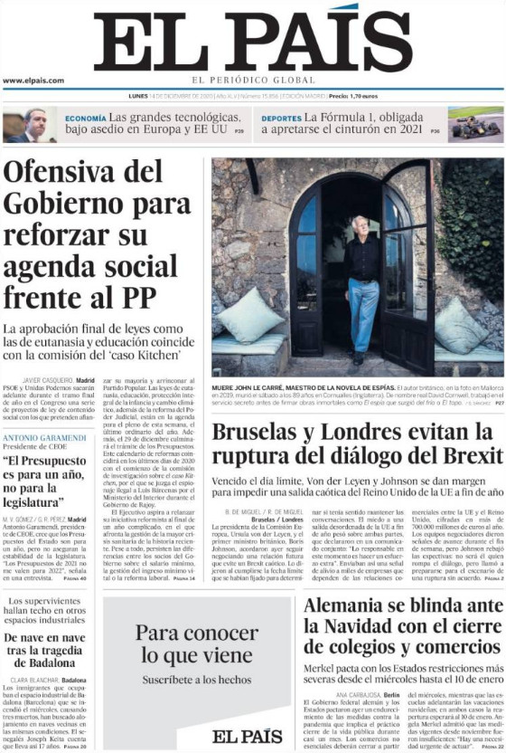 Portada de 'El País' del lunes 14 de diciembre / EL PAÍS