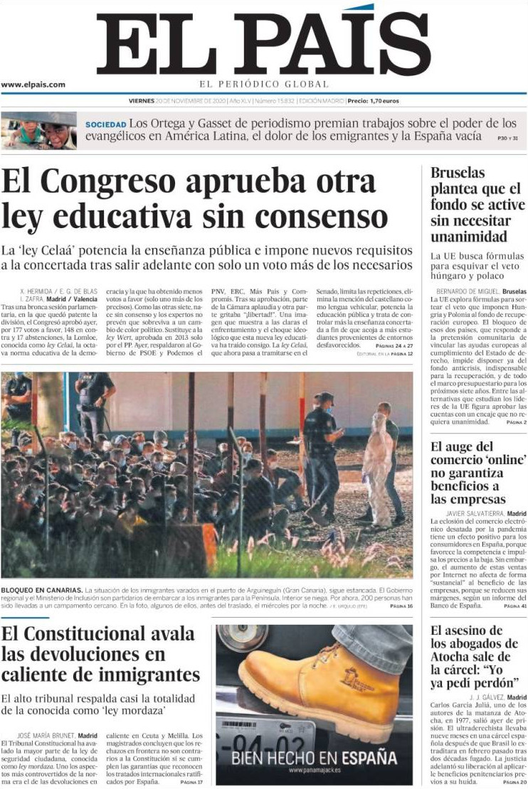 Portada de 'El País' del 20 de noviembre de 2020 / KIOSKO.NET