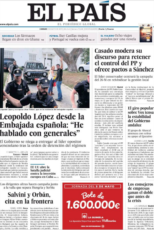 Portada de 'El País' del viernes de 3 de mayo de 2019 / KIOSKO.NET