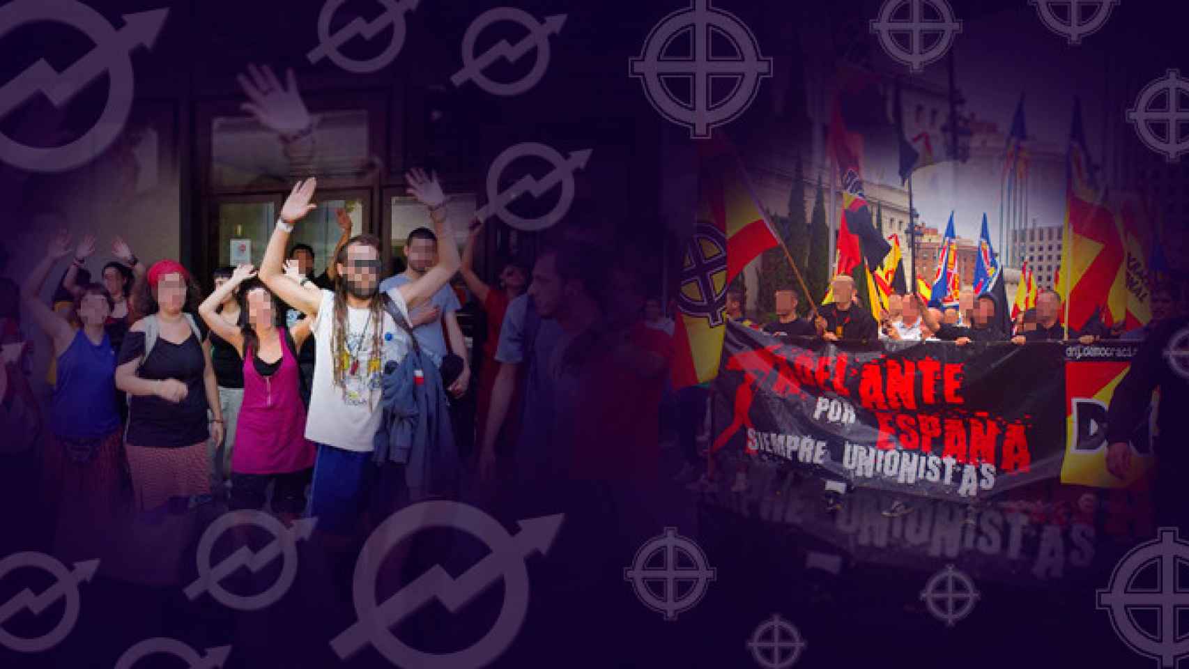 Un grupo de okupas frente a uno de neonazis / FOTOMONTAJE CG