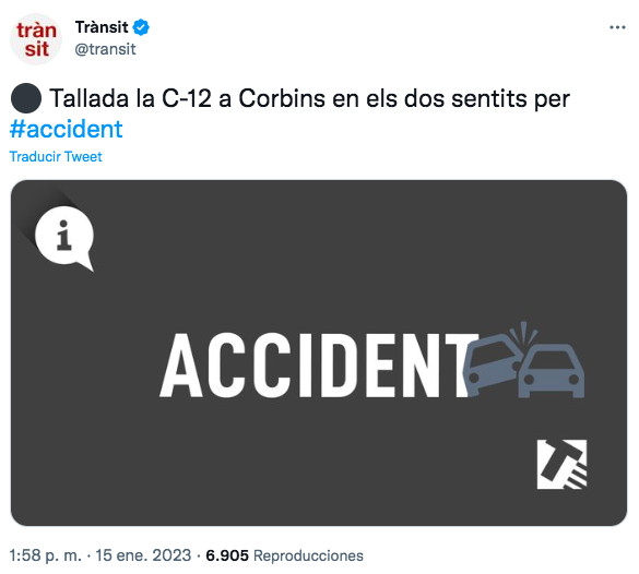 El Servei Català de Trànsit informa del accidente en su cuenta de Twitter oficial / TWITTER - SCT