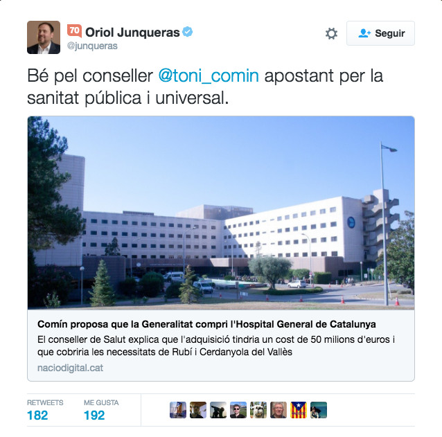 Tuit de Oriol Junqueras sobre el Hospital General de Cataluña