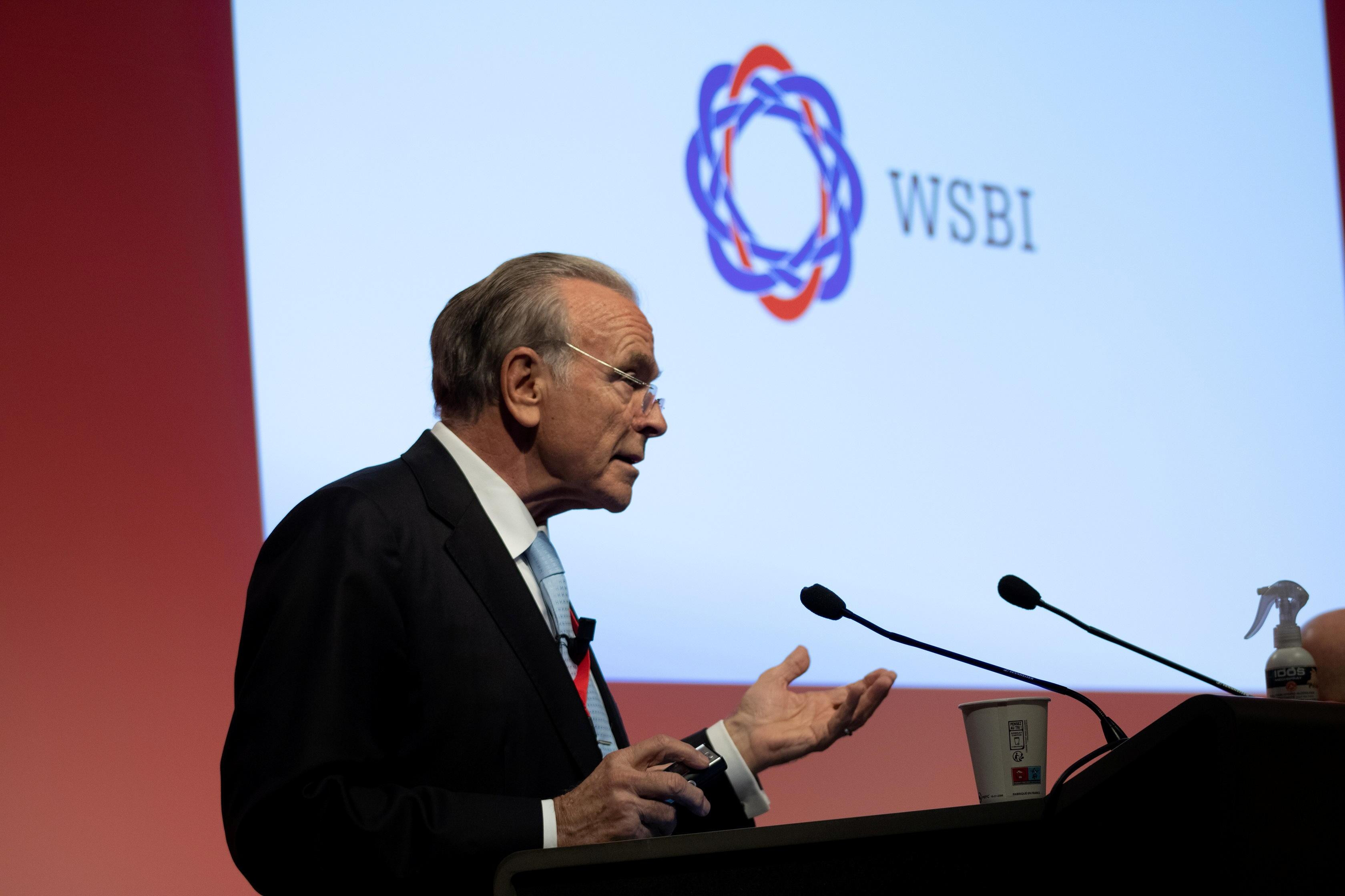 Isidro Fainé, durante su intervención en la Asamblea de WSBI posterior a su reelección como presidente