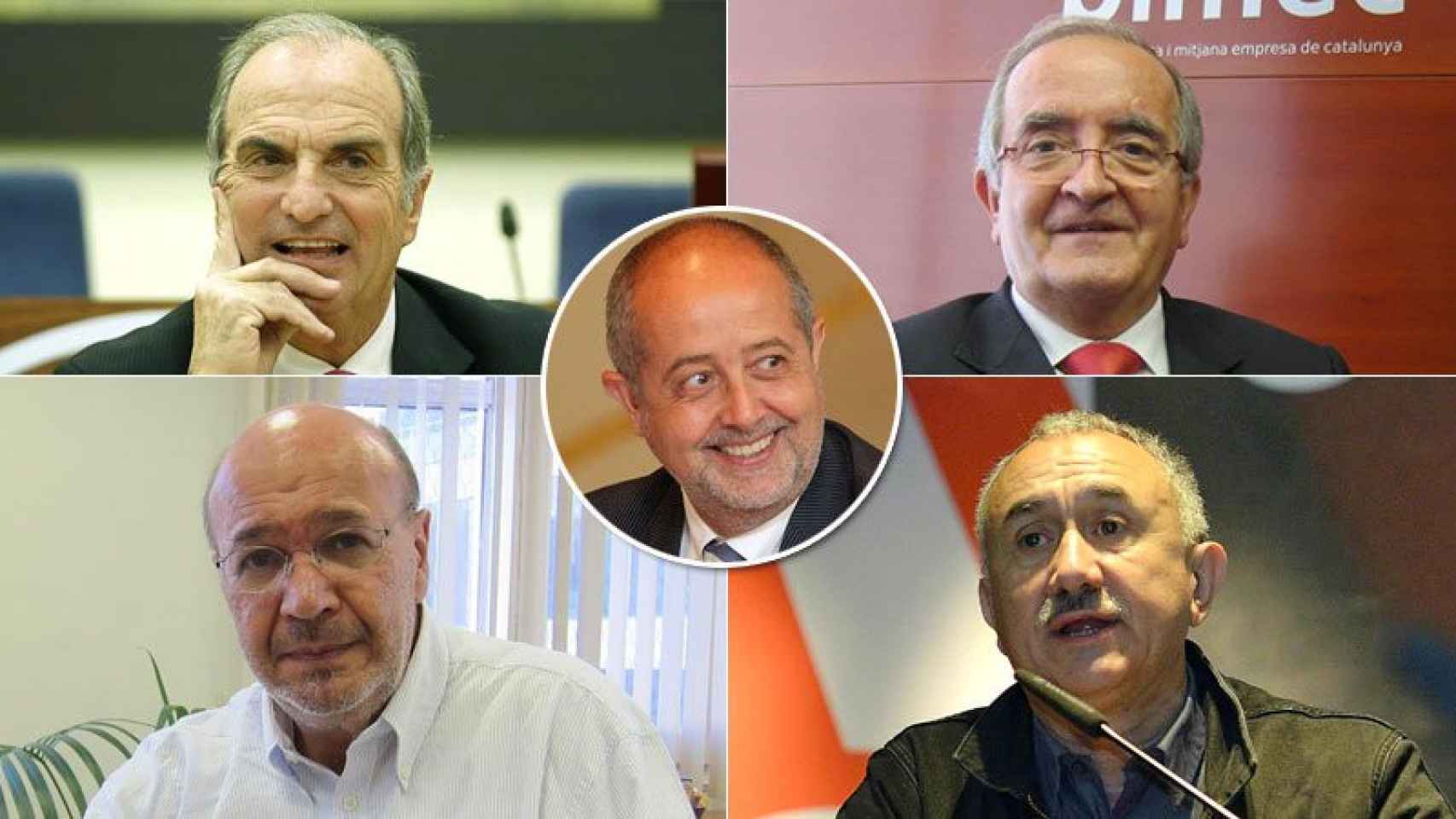 Joaquim Gay de Montellà (Foment), Josep González (Pimec), Joan Carles Gallego (CCOO), Pepe Álvarez (UGT) y Felip Puig, en el centro.